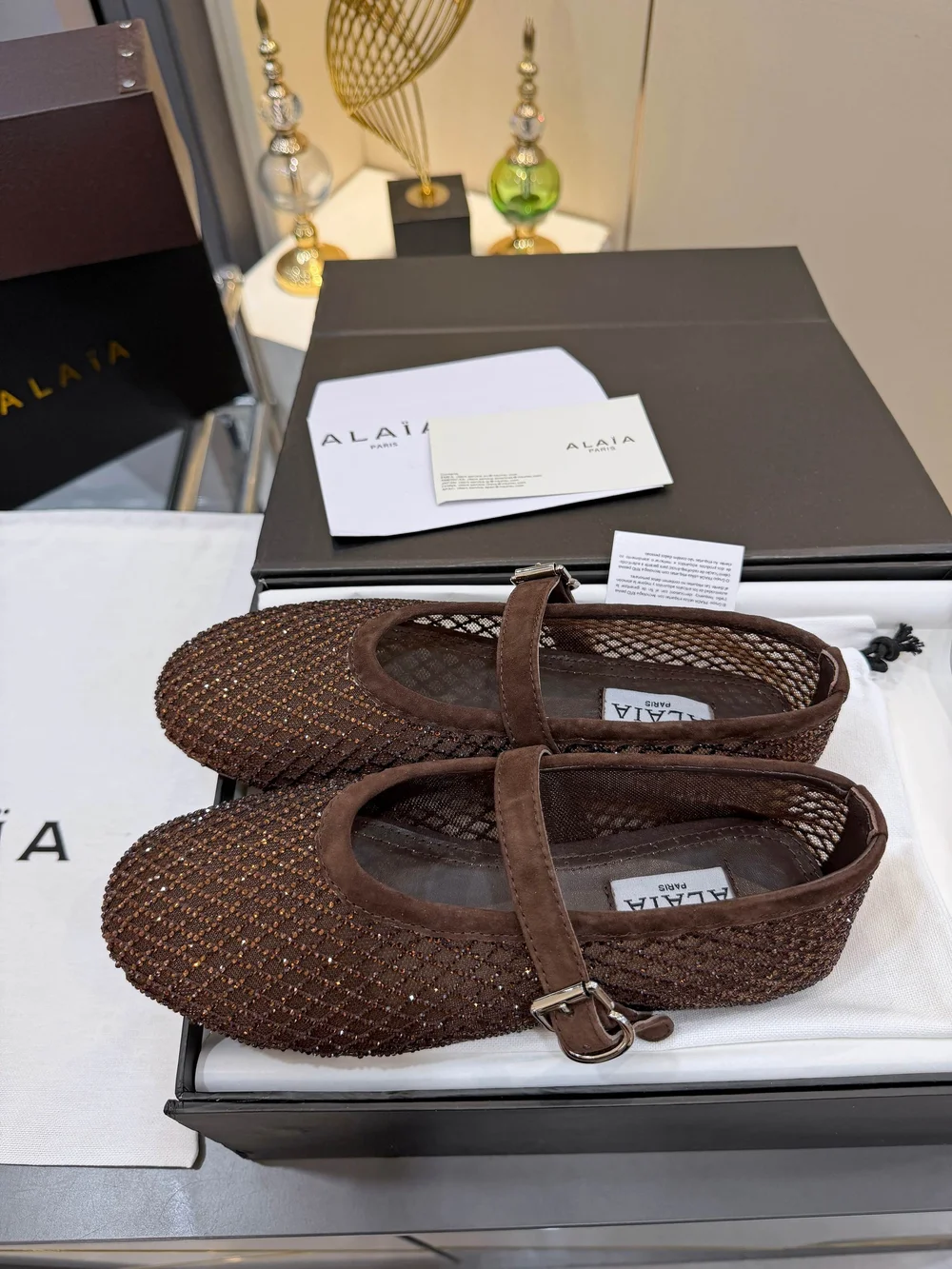 ALAÏA Dark Brown Rhinestone Ballet Flats - Picture 4 of 8